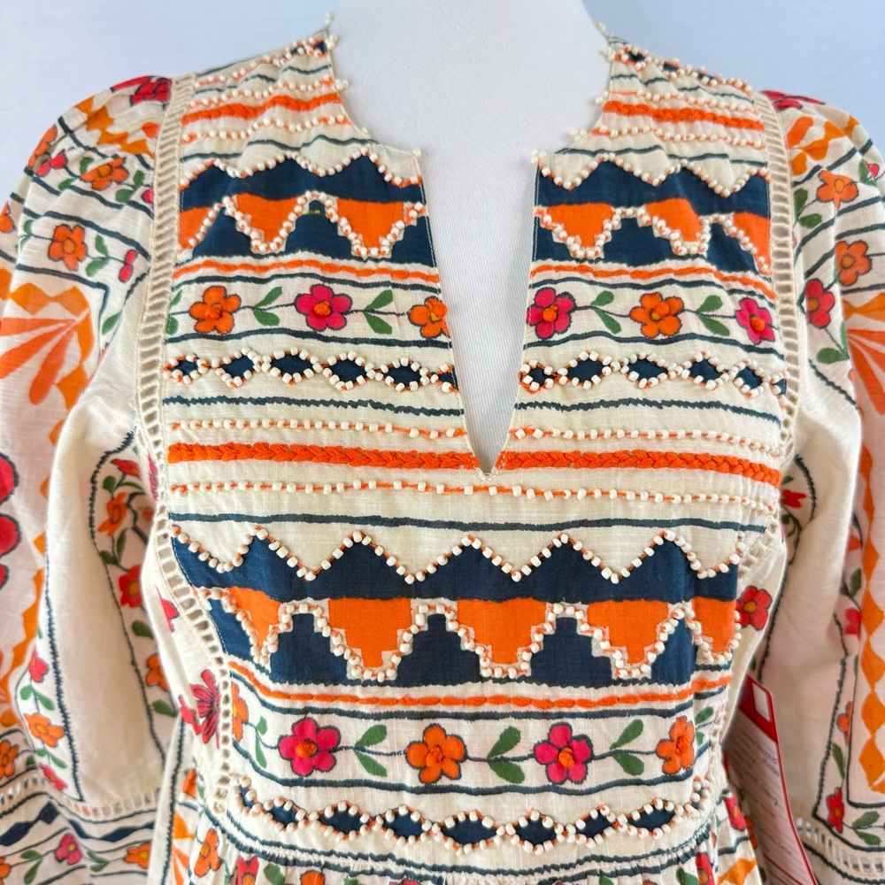 Sundance Zariah Orange Blue Cream Beaded Floral Print Blouse - Picture 3 of 16